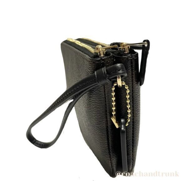 NWT COACH DOUBLE Corner Zip Wristlet In Signature "C" Dark Brown Gold Accents - Picture 8 of 14